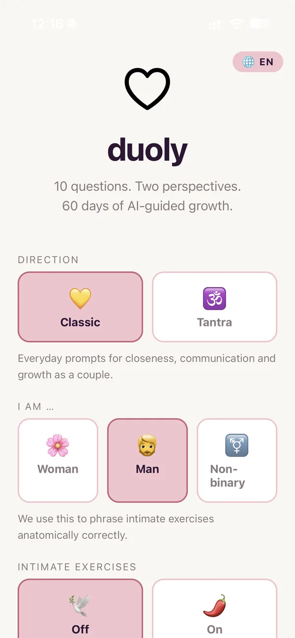 duoly home screen with mode selection, body profile and intimate-exercises toggle