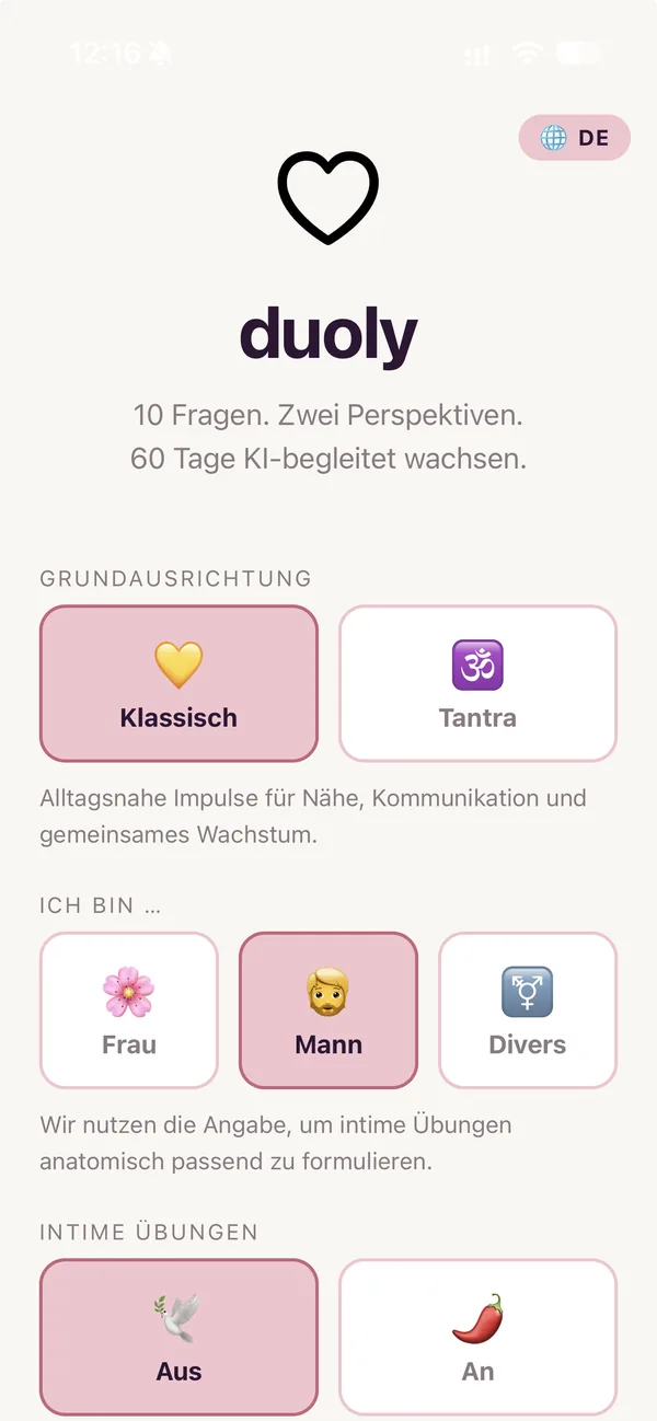duoly Home-Screen mit Modus-Auswahl, Körperprofil und Intim-Übungen-Toggle