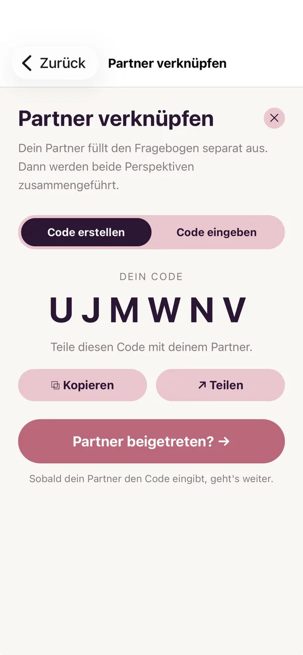 Partner-Verknüpfen-Screen mit generiertem Code UJMWNV zum Teilen