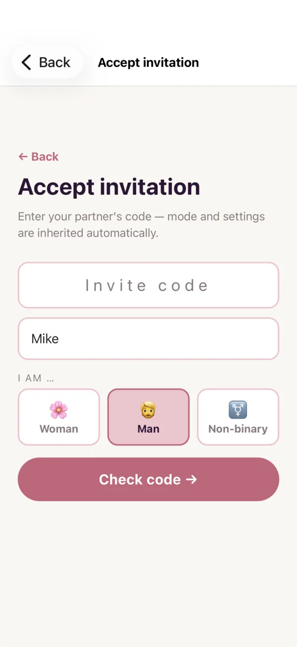 Screen for joining, with first-name and code fields