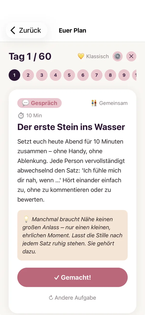 Tages-Aufgaben-Screen an Tag 1 von 60 mit Titel, Beschreibung und einem Tipp
